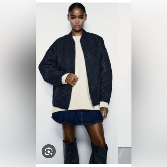 NWT viral Zara Oversized boucle bomber jacket, navy blue - Picture 3 of 7